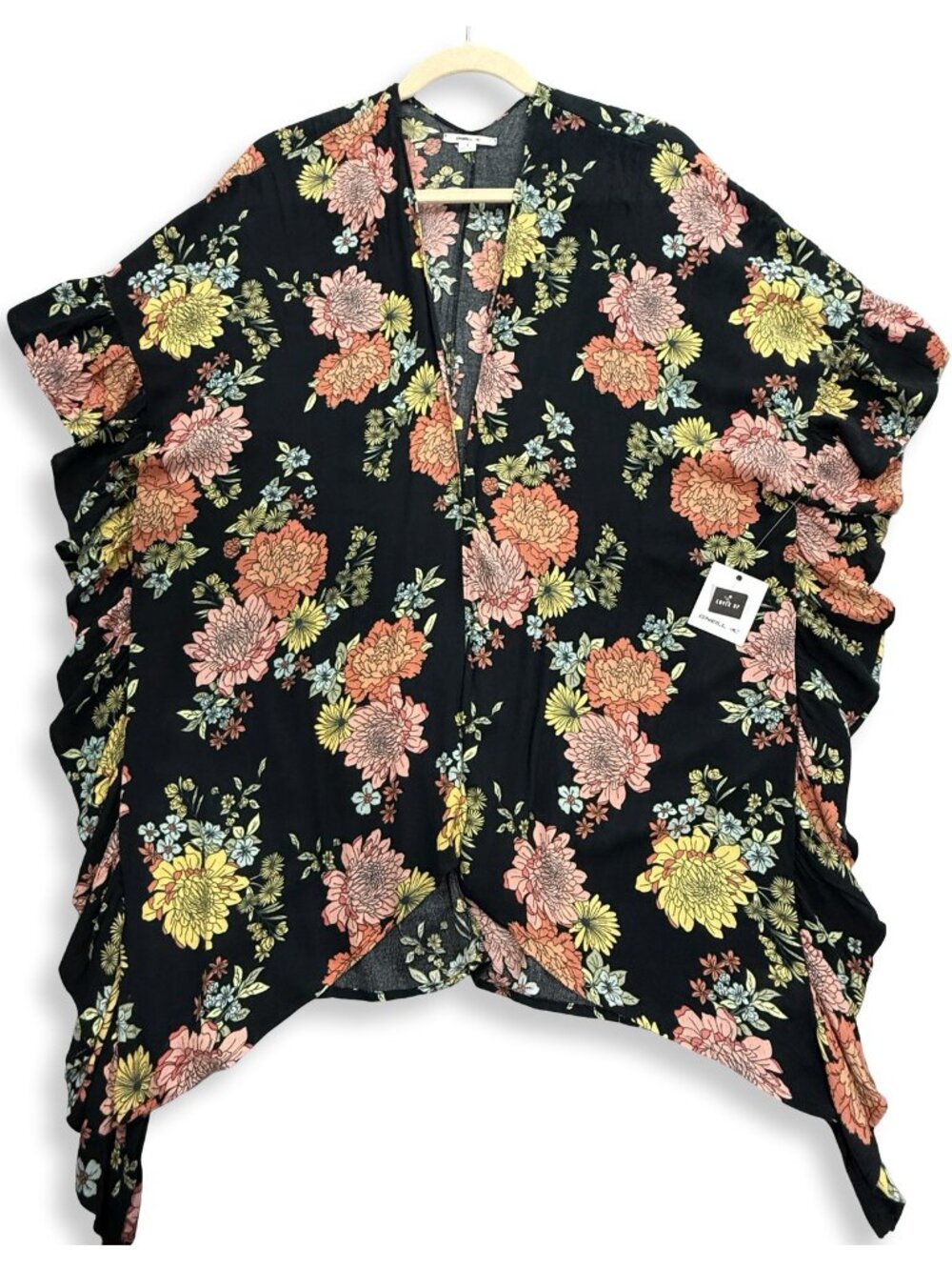 O'Neill Natalie Floral Kimono Cover Up Womens S Black Pink Boho Ruffle Resort - Picture 4 of 9